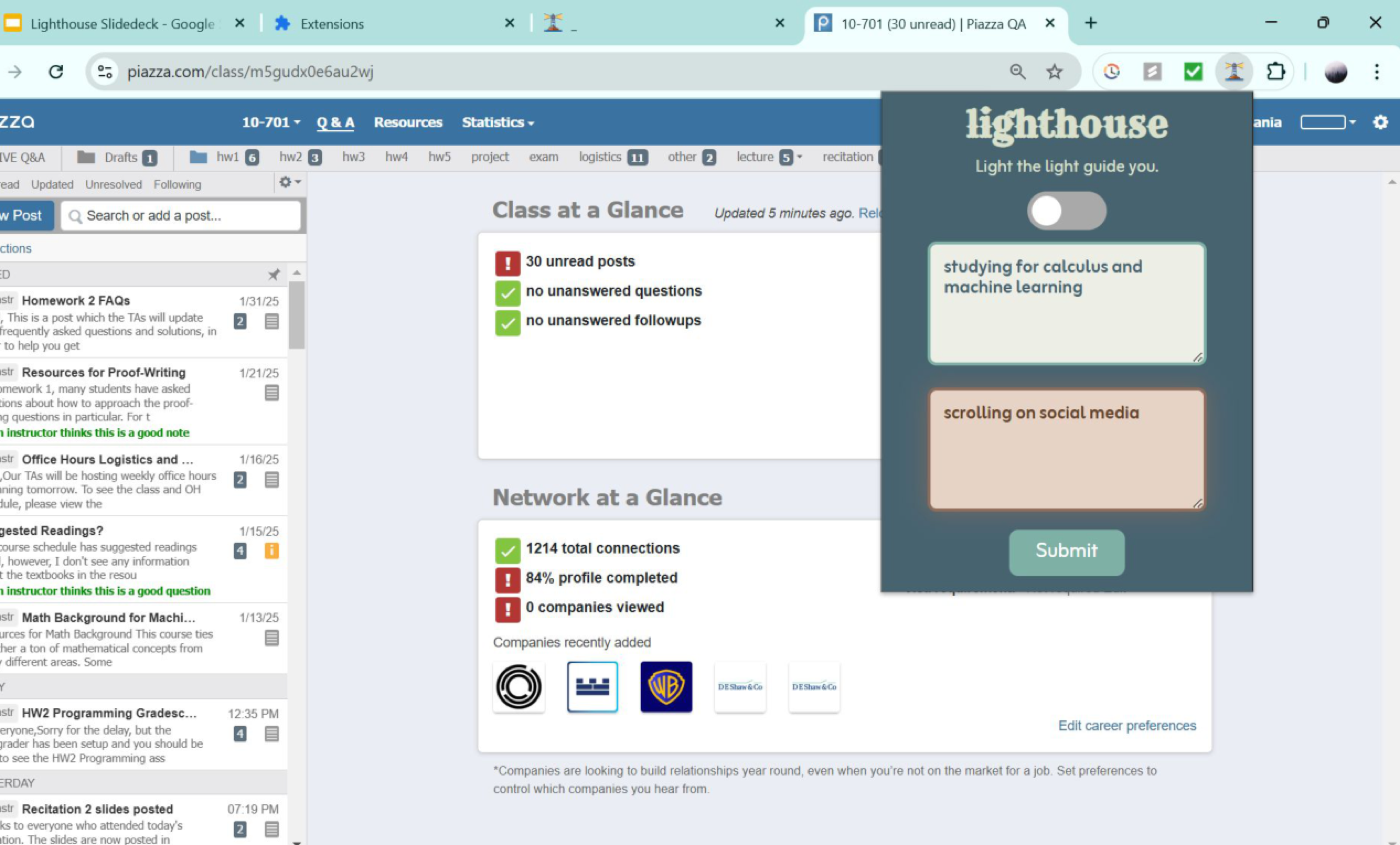 Chrome browser showing the Lighthouse extension focus and distraction goals